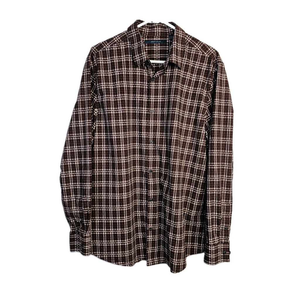 Perry Ellis Long Sleeve Button Down Plaid Shirt Block Plaid XL Cotton Fall Color